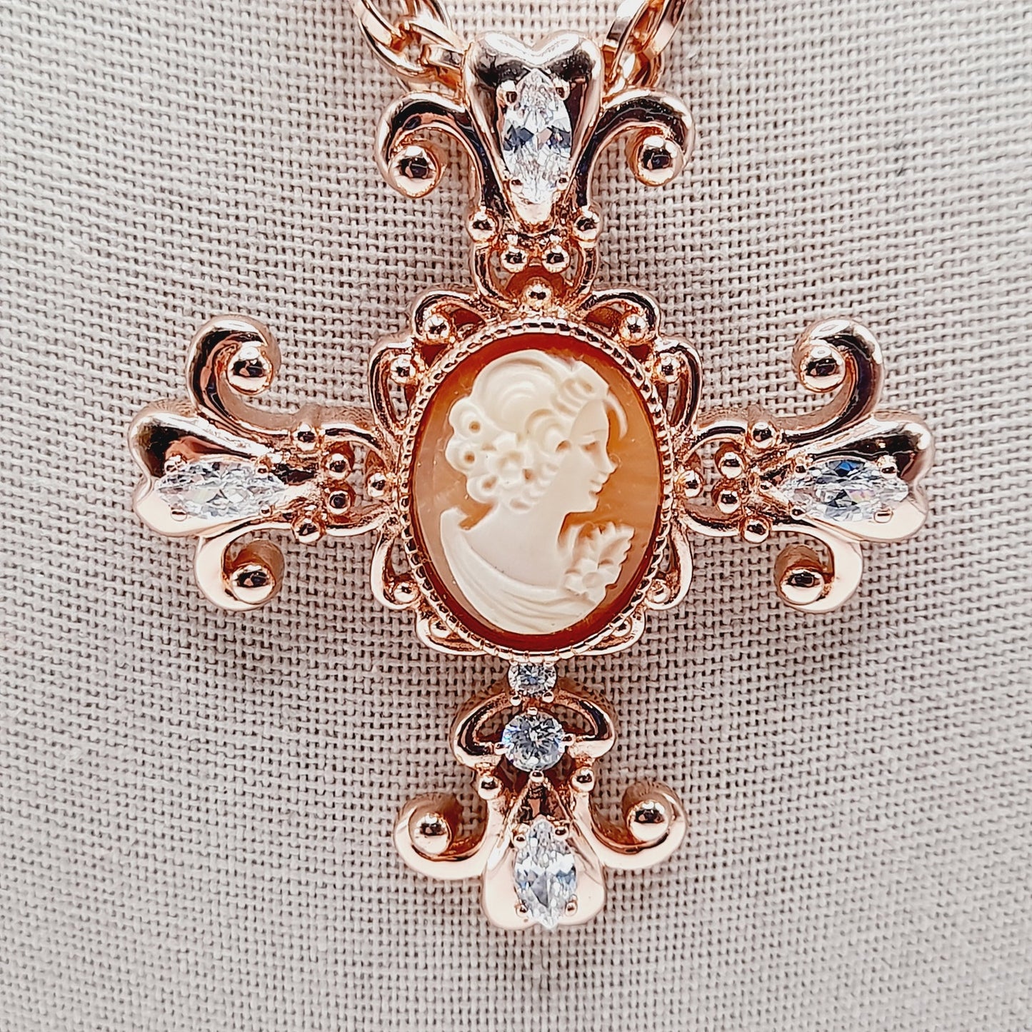 Amedeo Rose Gold Cameo Cross Pendant Necklace with Rhinestones, 18 Inches