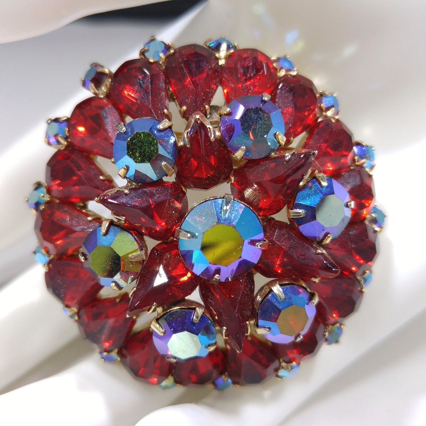 Red Rhinestone Aurora Borealis Brooch Earrings Set, Gold Plated, 1960s Vintage Jewelry