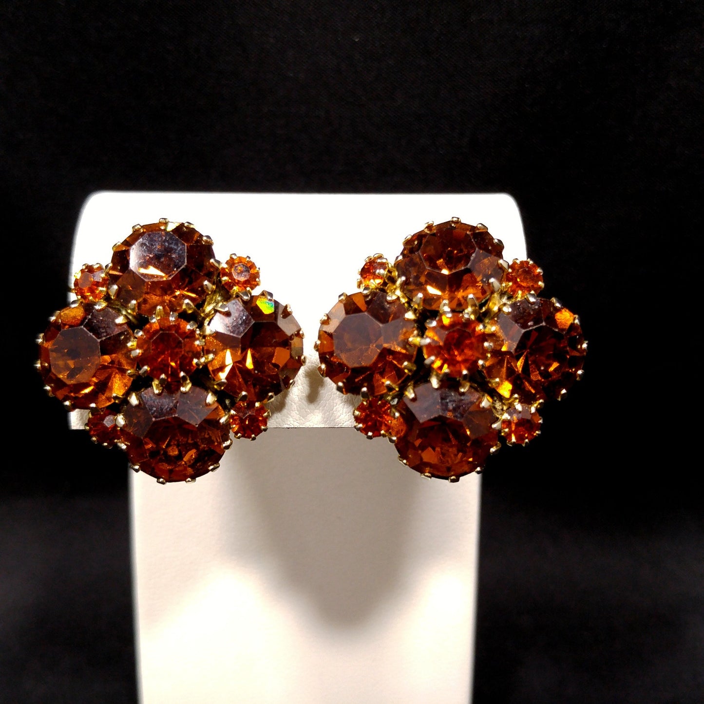 Weiss Topaz Rootbeer Rhinestone Clip Earrings, Gold Plated, Floral Design, 1960s Vintage