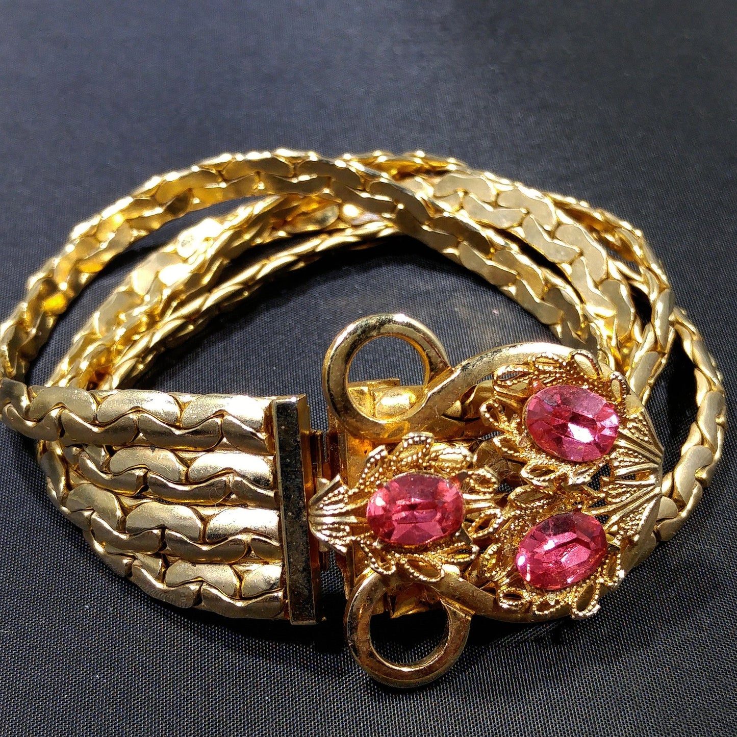 Pink Rhinestone Curb Chain Bracelet, Gold Plated, 1960s Vintage Jewelry