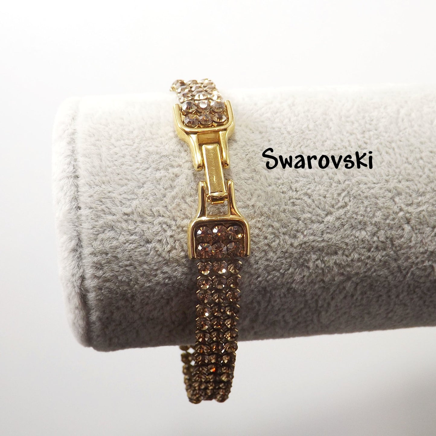 Vintage Swarovski Bracelet 1990s Swan Logo Light Topaz Rhinestone Mesh Gold 7.5"