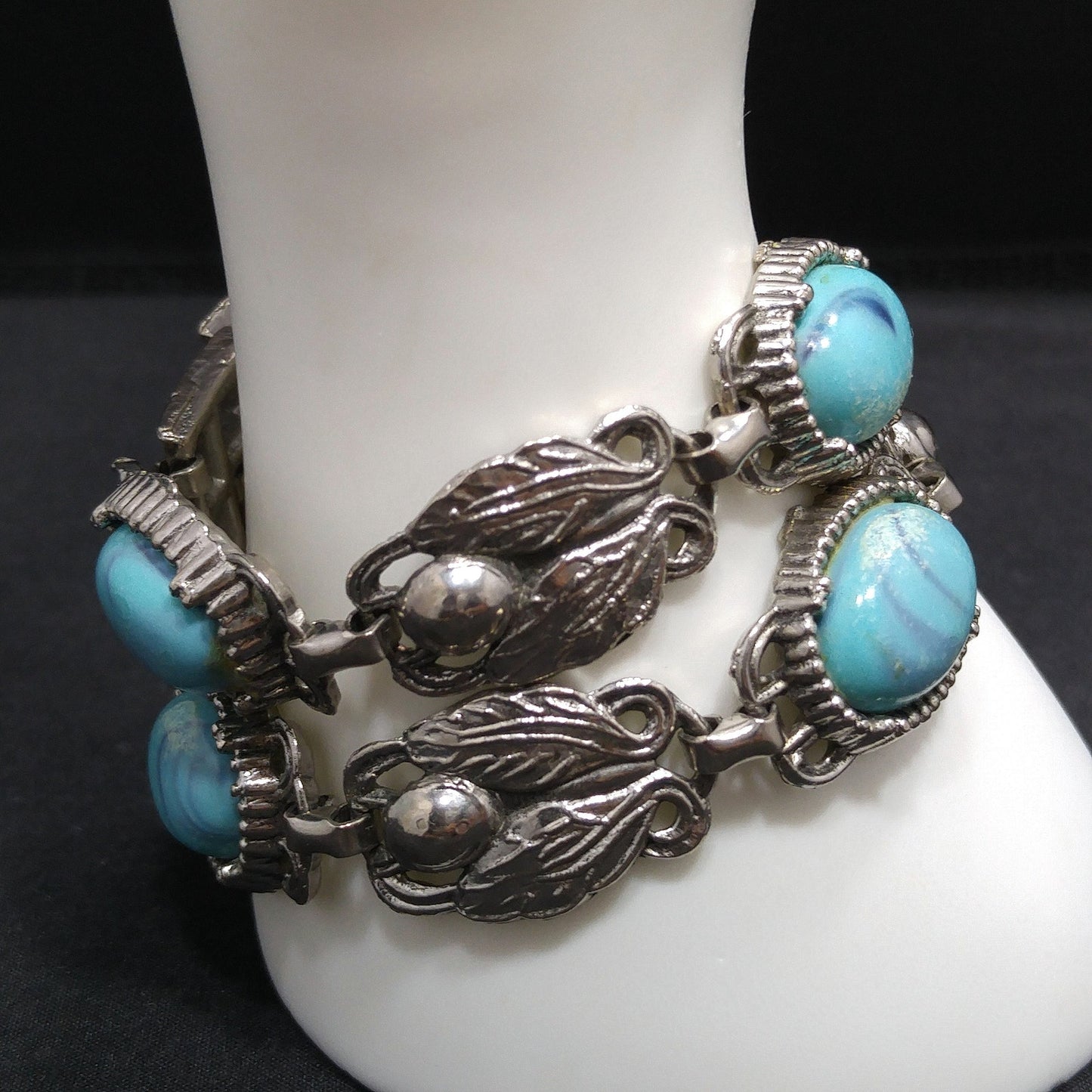 Lucite Faux Turquoise Double Strand Bracelet, Silver Leaves, 1950s Vintage Jewelry