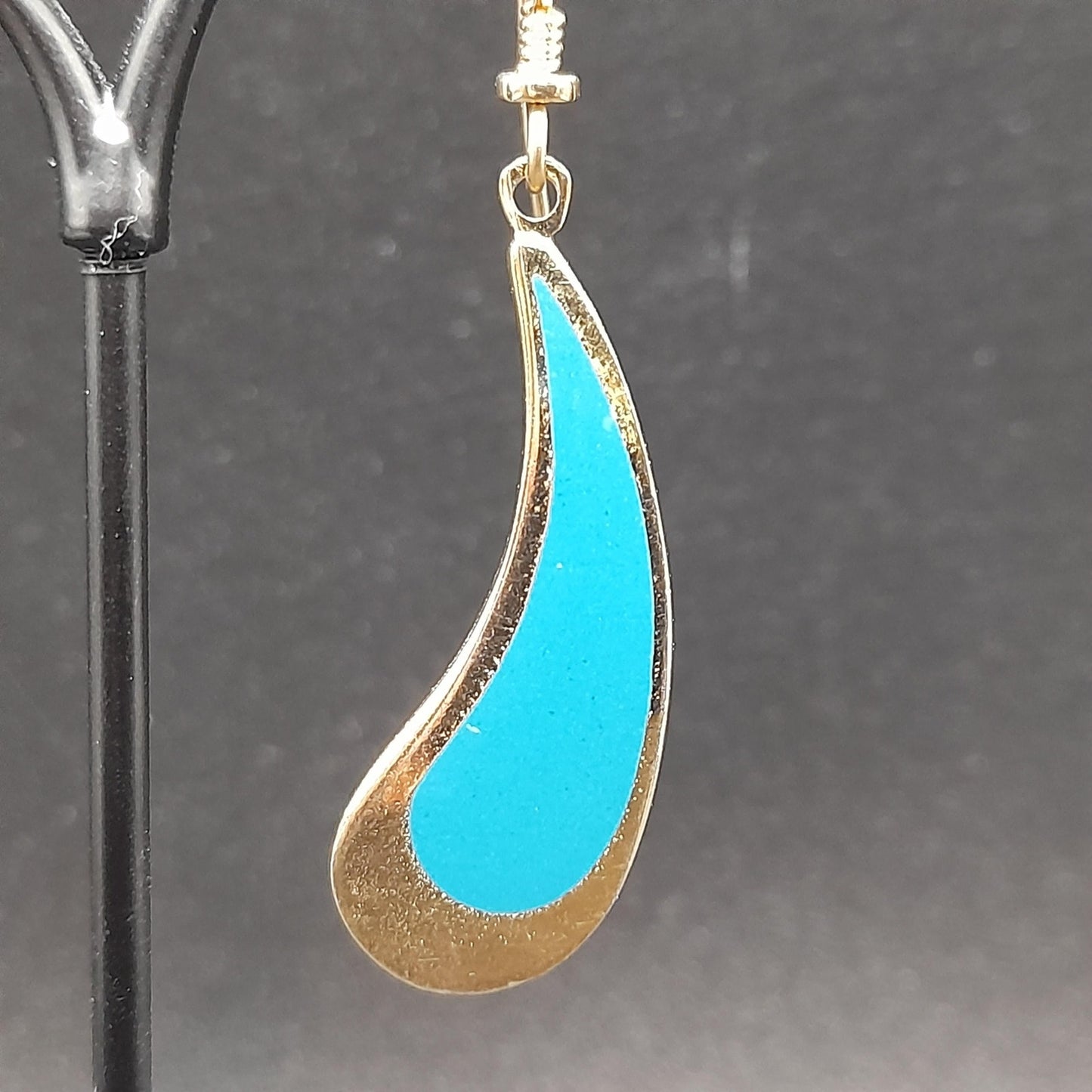 Vintage Laurel Burch Turquoise Drop Earrings, Curved Teardrop, Gold Plated
