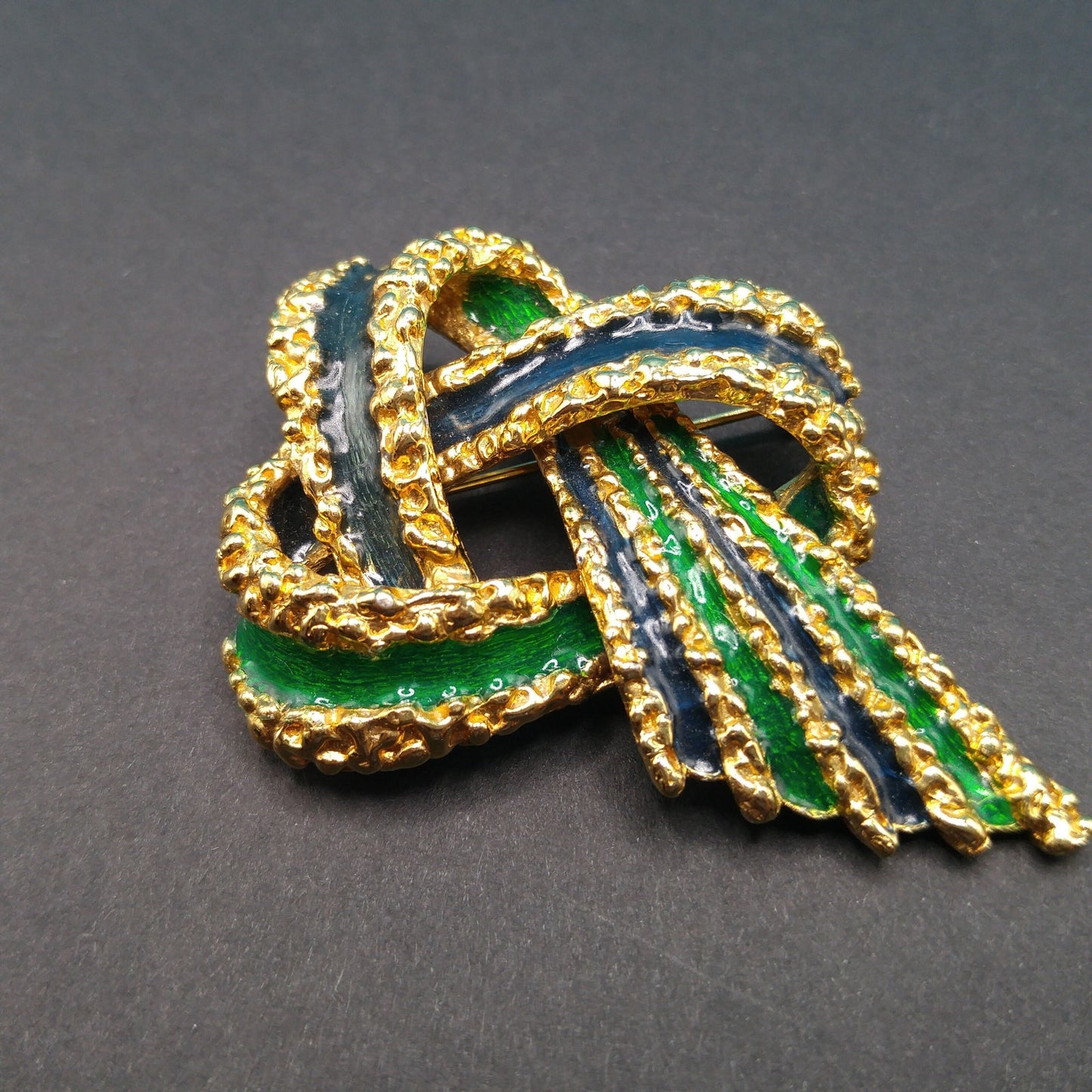 Vintage Ciner Blue Green Enamel Ribbon Brooch Textured Gold Signed 1960s