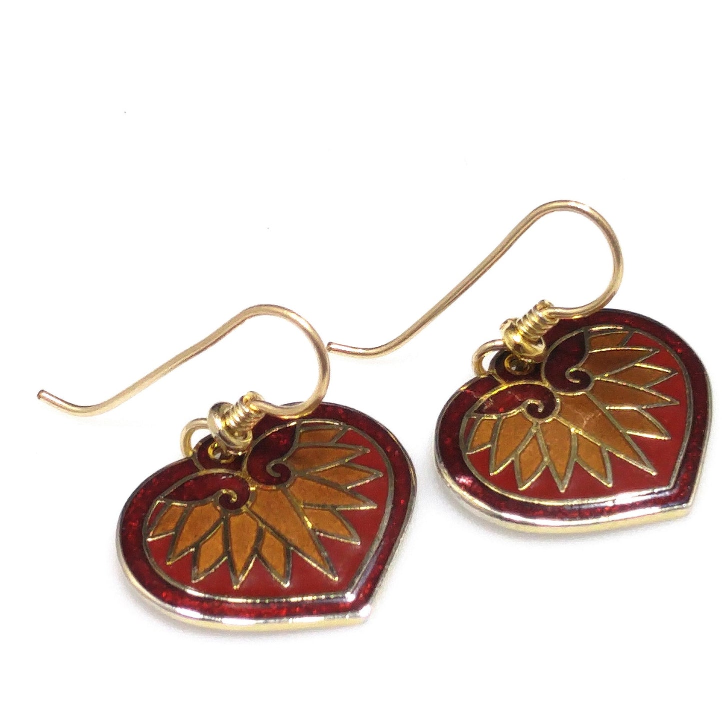 Vintage Laurel Burch Hollyhock Floral Earrings, Gold Plated Cloisonne, Red Enamel