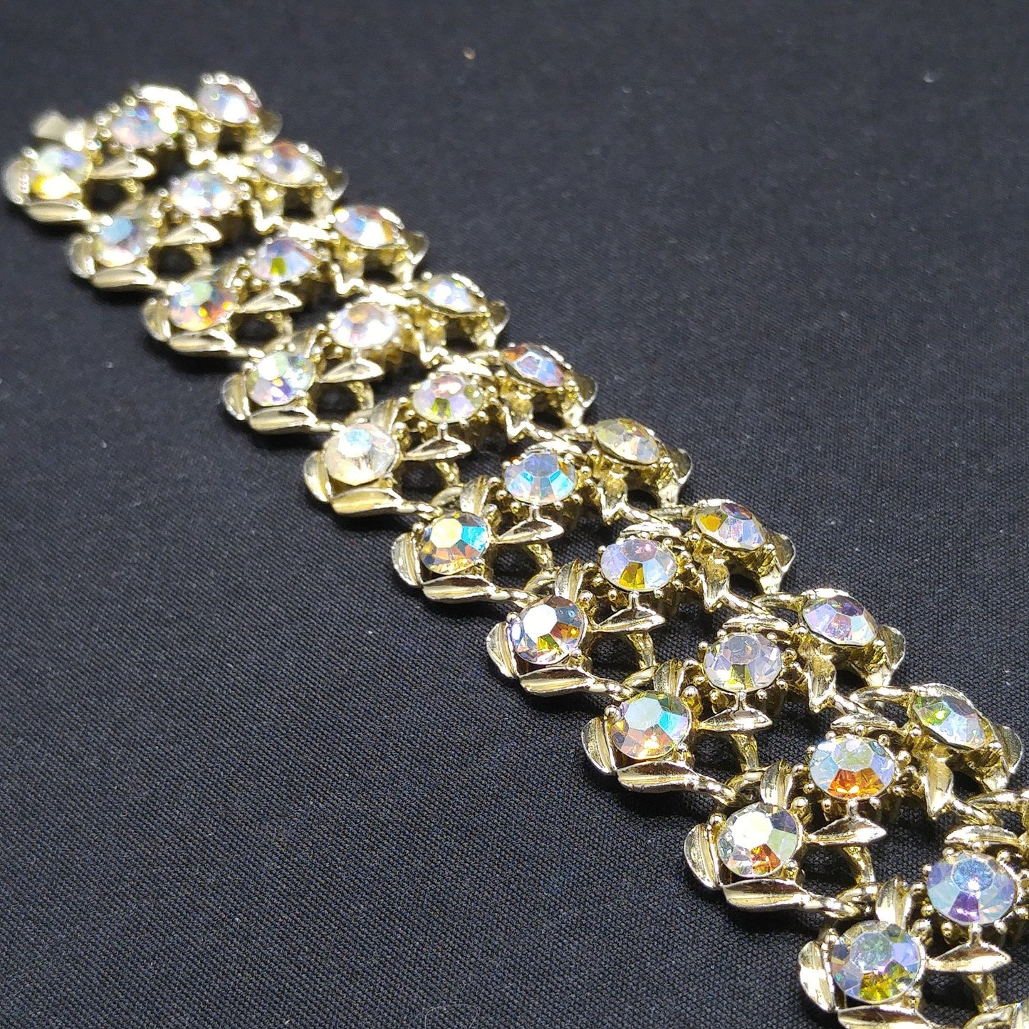Vintage Aurora Borealis Rhinestone Wide Bracelet, Gold Plated, 1960s