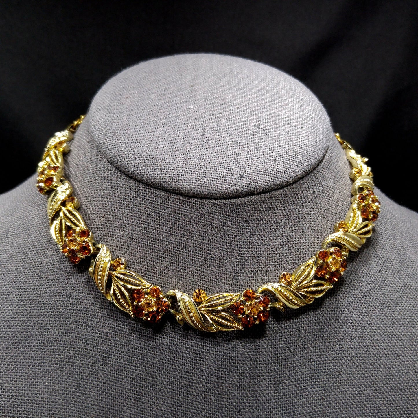 Lisner Topaz Rhinestone Floral Choker Necklace, Gold Plated, 1950s Vintage Jewelry