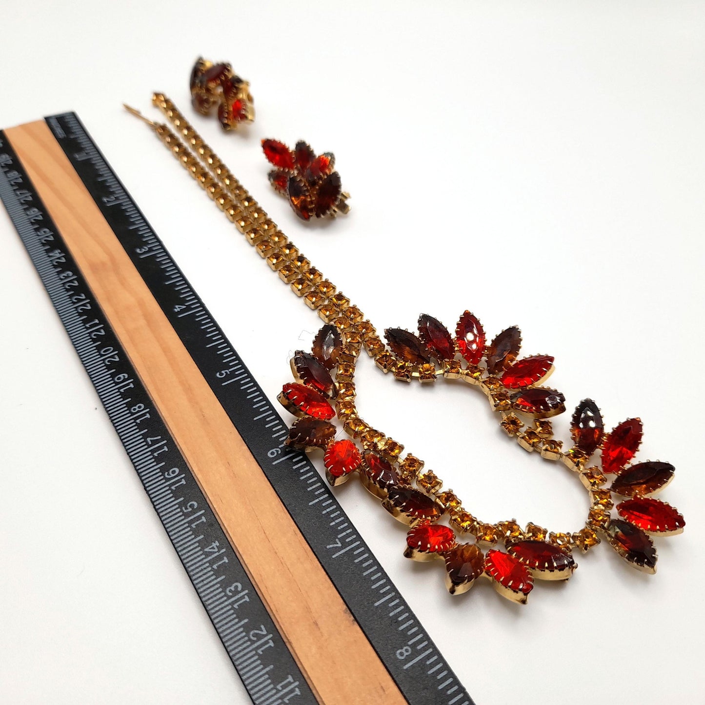 Vintage Orange Topaz Rhinestone Necklace Earrings Set, Gold Plated, 1960s