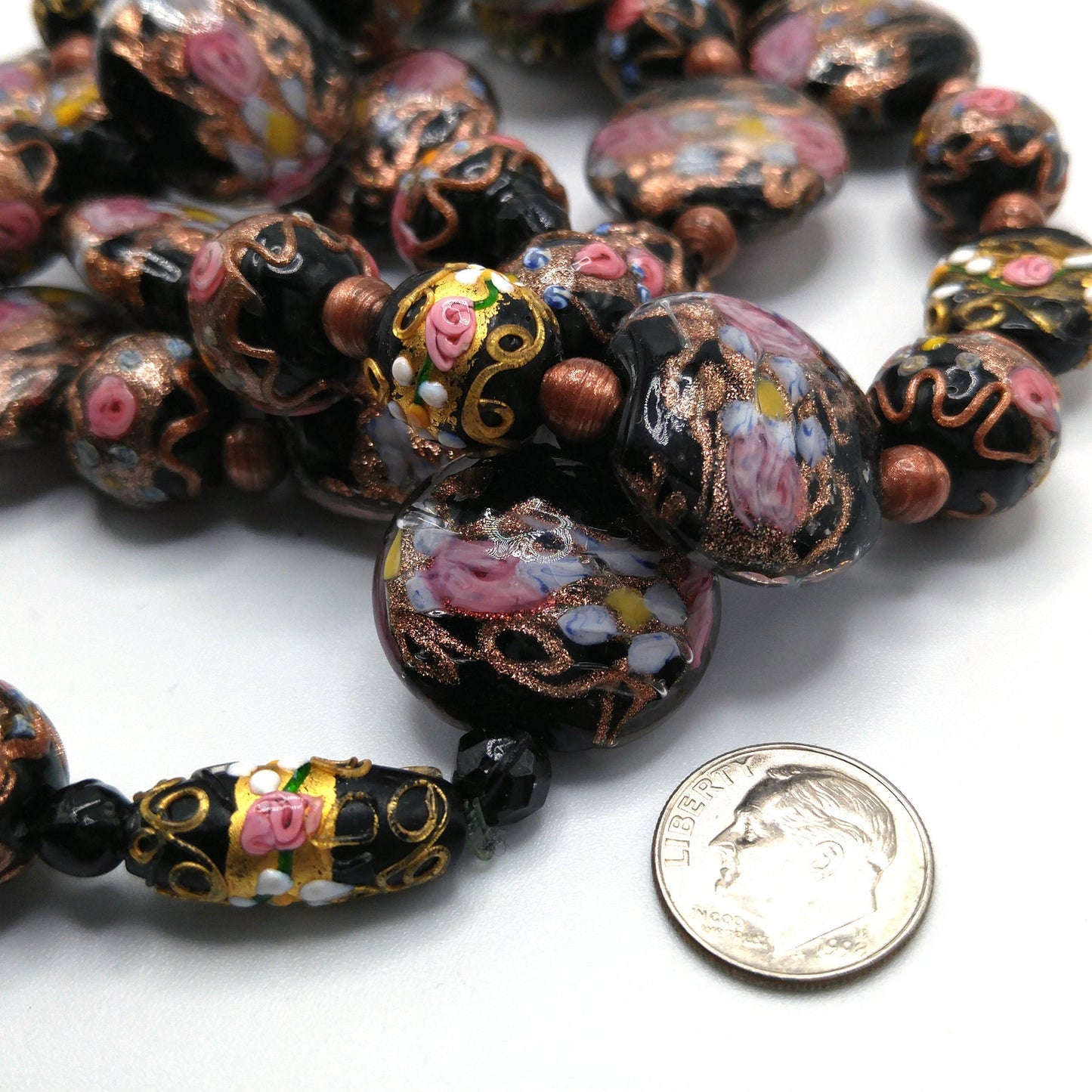 Vintage Italian Wedding Cake Glass Necklace, Black Gold Copper Venetian Lampwork Beads, 1940s Vintage Jewelry