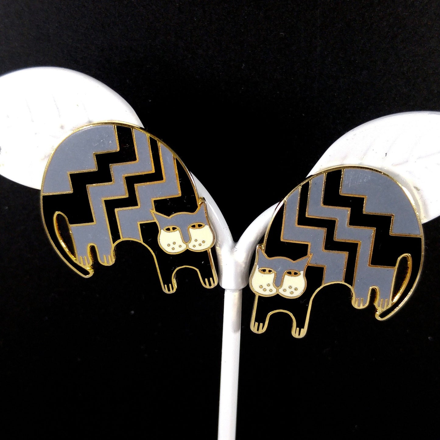 Vintage Laurel Burch "Aztec Cat" Post Earrings, Gold Plated, Black Gray Enamel