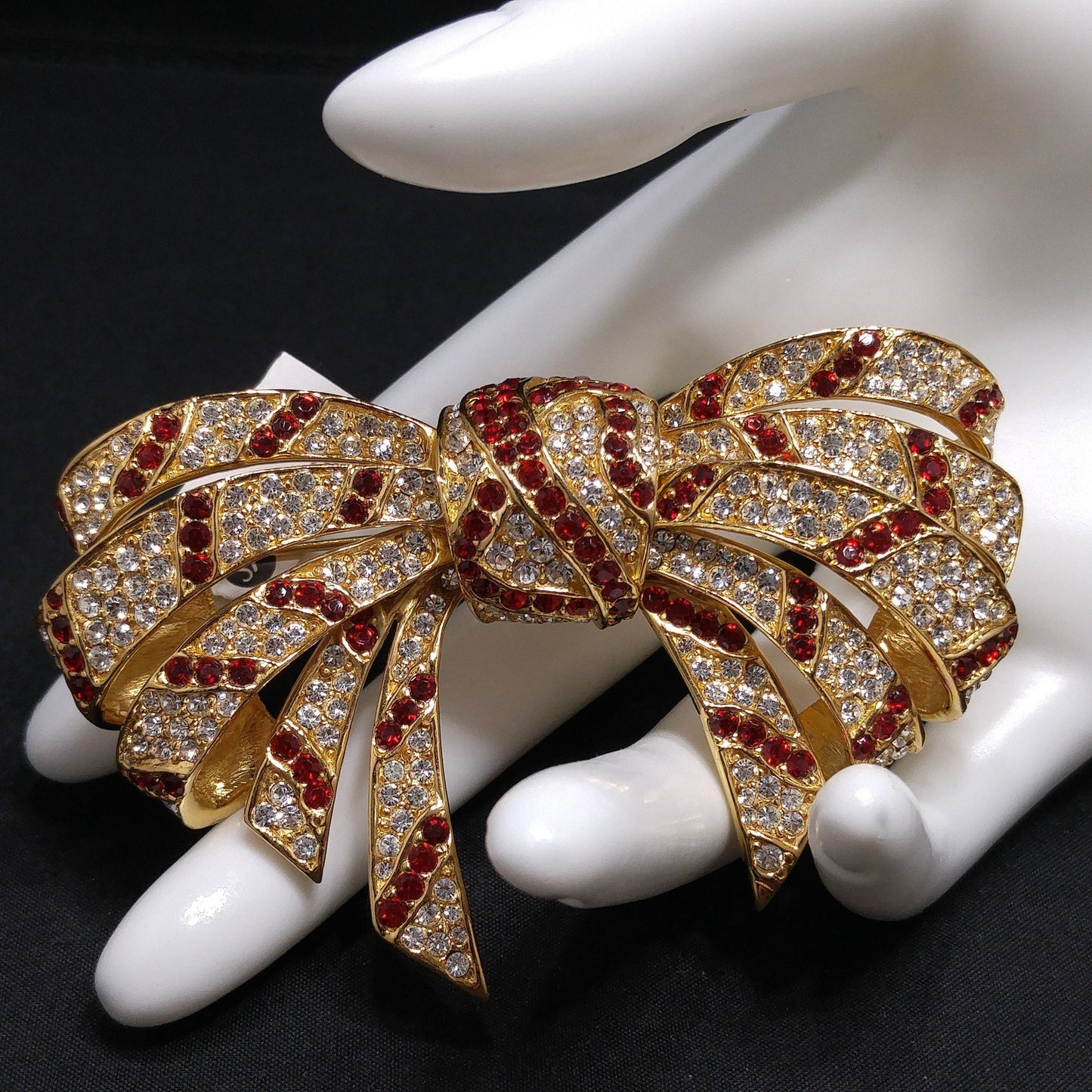 Ciner Red and Clear Rhinestone Bow Brooch – Vintage Gold Plated Large Statement Pin