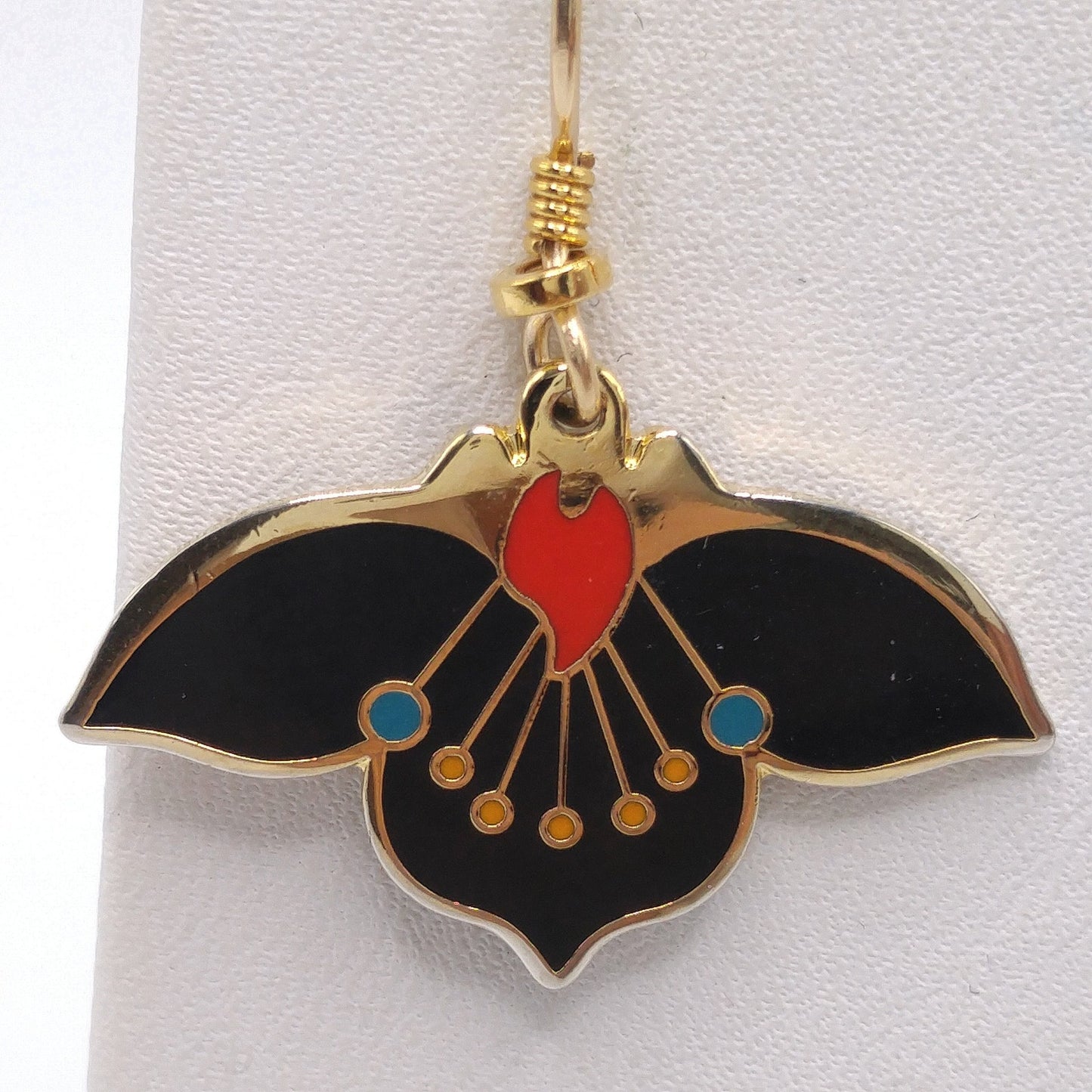 Vintage Laurel Burch "Desert Flower" Earrings, Black Red Enamel, Gold Plated, 1980s
