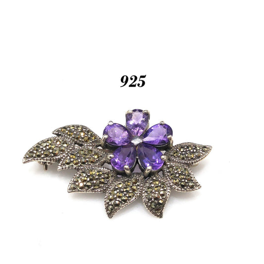 Sterling Marcasite Amethyst Flower Brooch, Silver 925, 1970s Vintage Jewelry