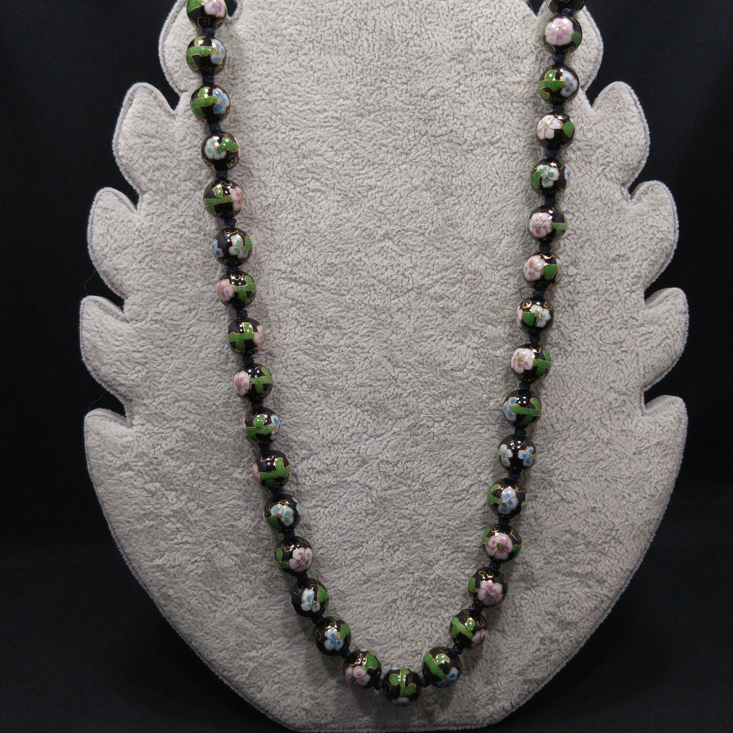 Vintage Black Cloisonné Floral Beaded Necklace, Pink Green Flowers, 1960s Vintage Jewelry