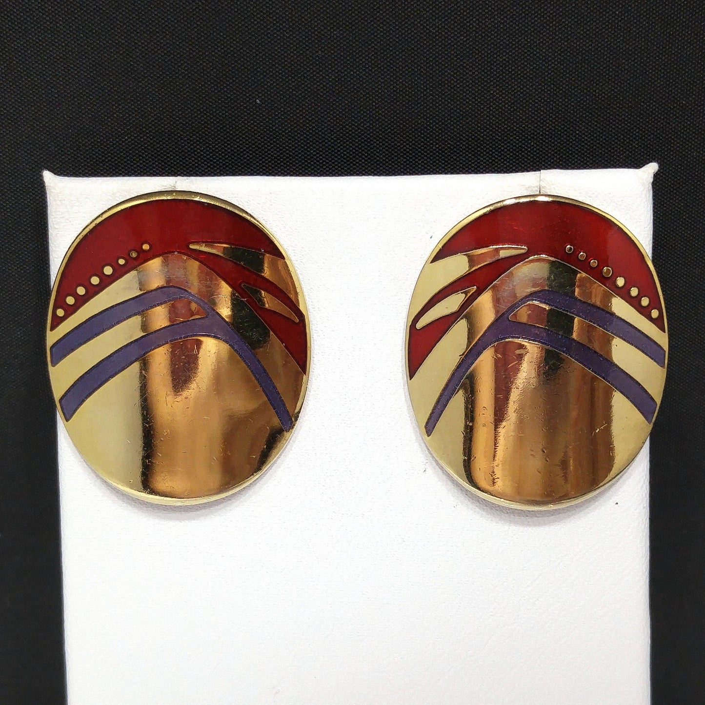 Laurel Burch Metallic Red & Purple Earrings, Gold Plated, 1980s Vintage
