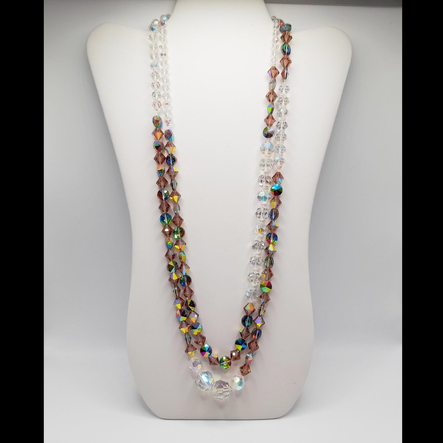 Vintage Crystal Bead Long Necklace, Asymmetrical Clear AB Topaz Crystals, 26"