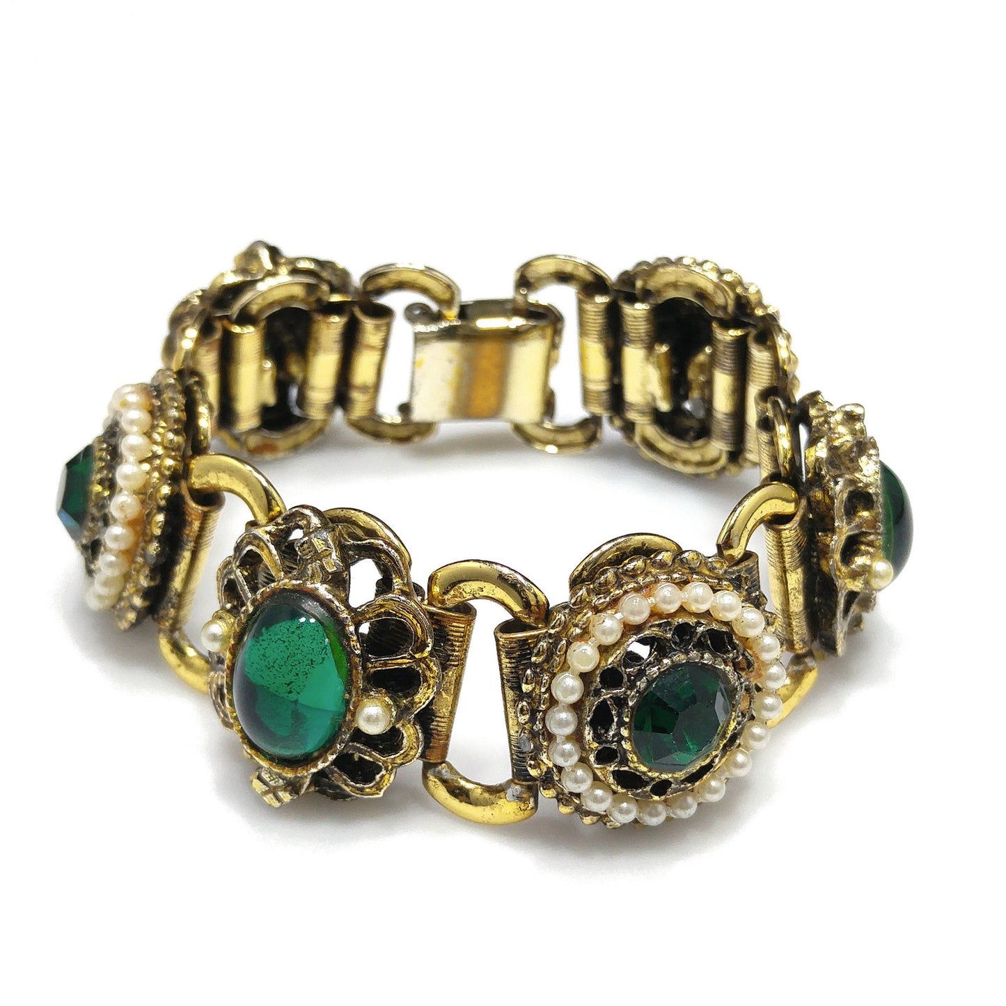 Emerald Green Rhinestones Book Chain Bracelet, Faux Pearls, 1940s 1950s Vintage Jewelry