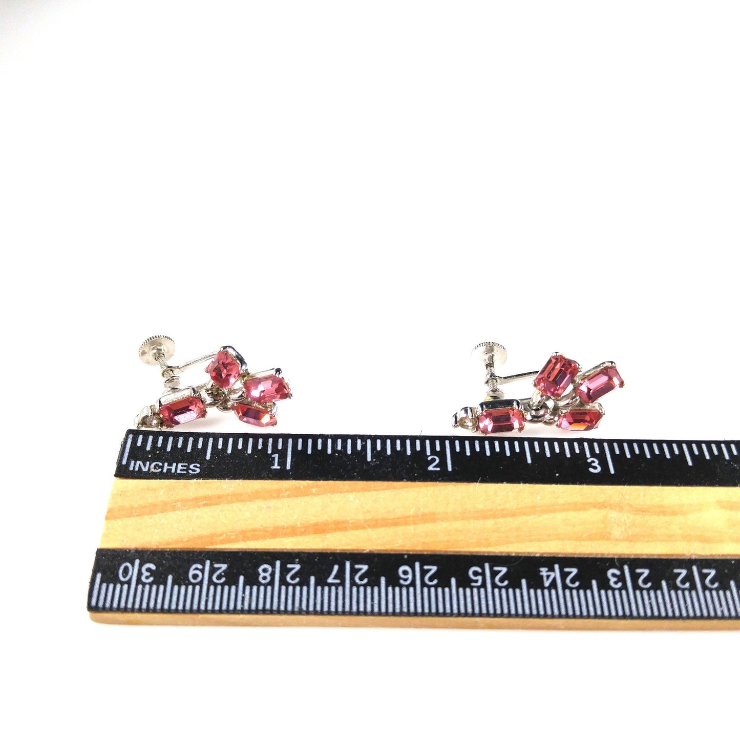 Bogoff Pink Rhinestone Screw Back Earrings, Rhodium Plated, 1950s Vintage Jewelry