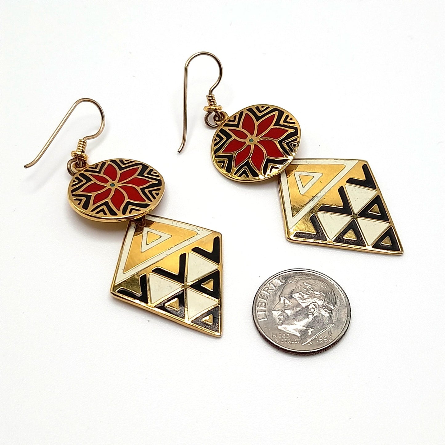 Laurel Burch "Gypsy Spirit 1993" Long Earrings, Gold Plated, GF Ear Wires, 1990s Vintage Jewelry