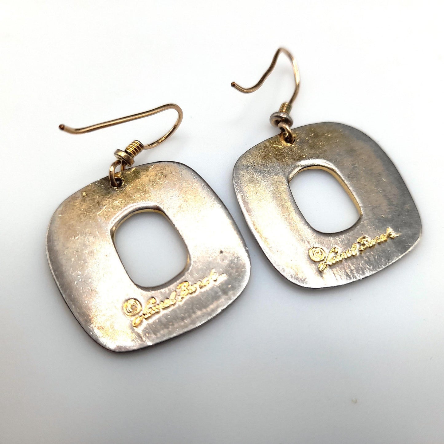 Vintage Laurel Burch Black Gold Drop Earrings, Open Center, Pink Metallic Ring