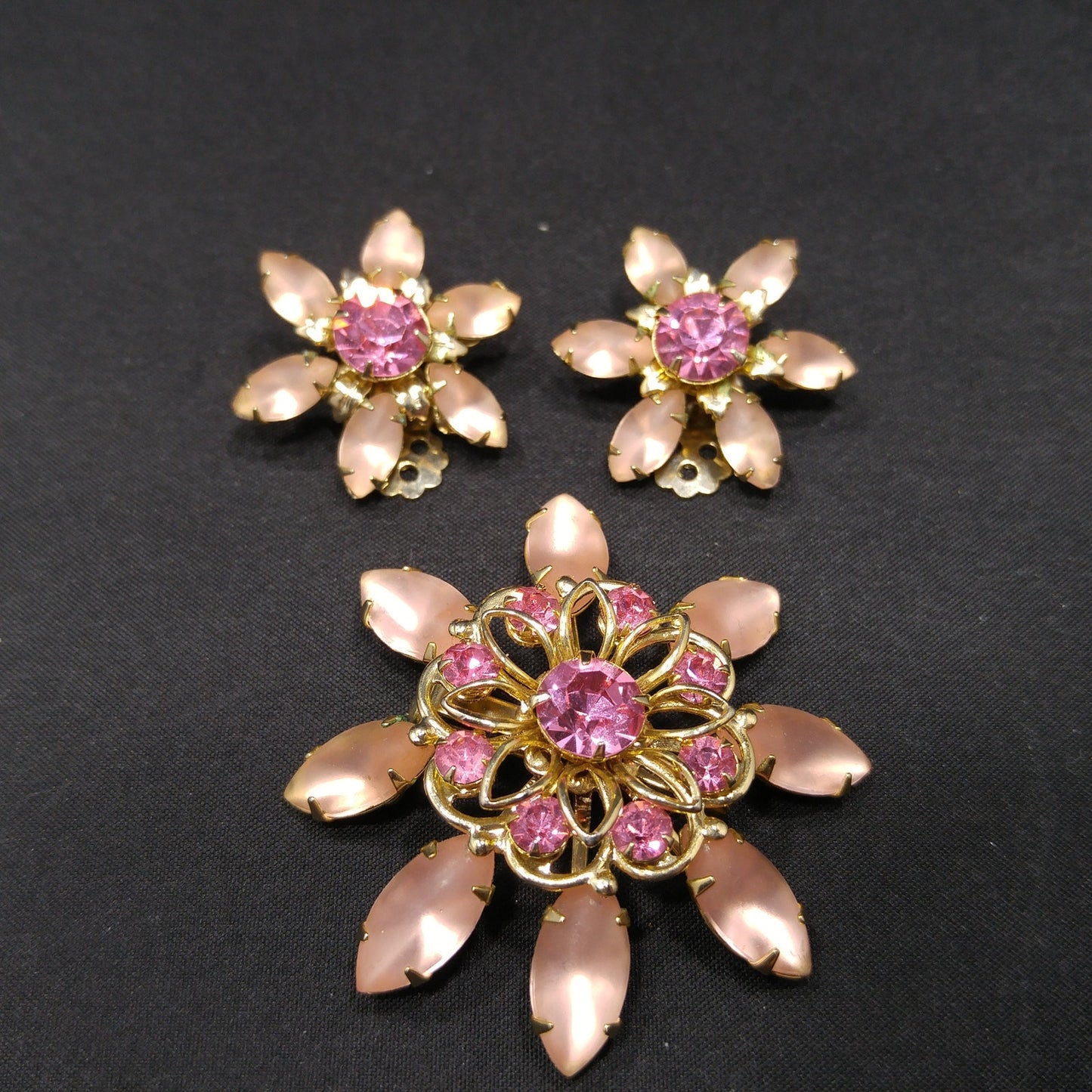 Mid-Century Pink Flower Brooch & Earrings, Frosty Light Pink Cabs, Hot Pink Rhinestones, 1950s Vintage Jewelry