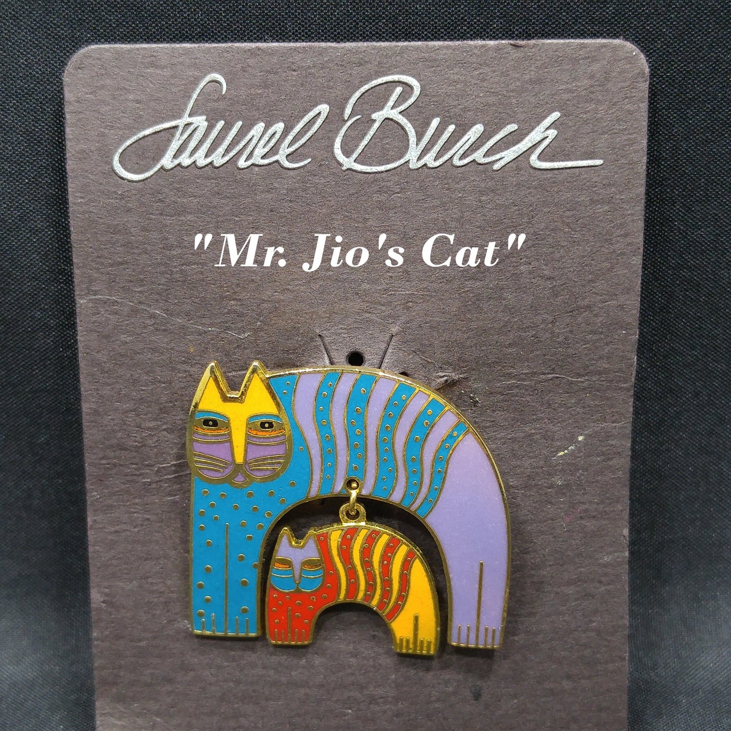 Laurel Burch "Mr. Jio's Cat" Brooch with Dangling Cat Charm, Gold Plated, Cloisonne Enamel, 1980s Vintage Jewelry