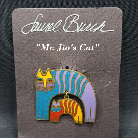 Laurel Burch "Mr. Jio's Cat" Brooch with Dangling Cat Charm, Gold Plated, Cloisonne Enamel, 1980s Vintage Jewelry
