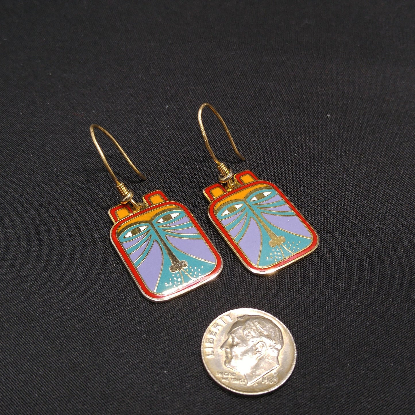 Laurel Burch "Toshio" Drop Earrings, Gold Plated & Enamel Cloisonné, 1980s Vintage Jewelry