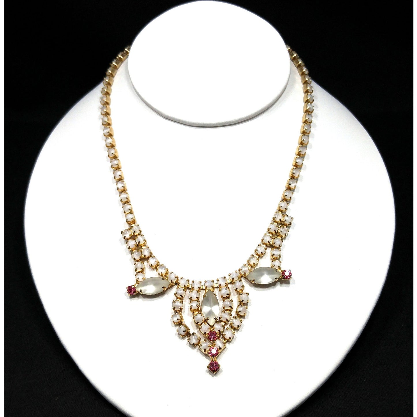 Frosty White Pink Rhinestone Necklace, Gold Plated, 1960s Vintage Jewelry