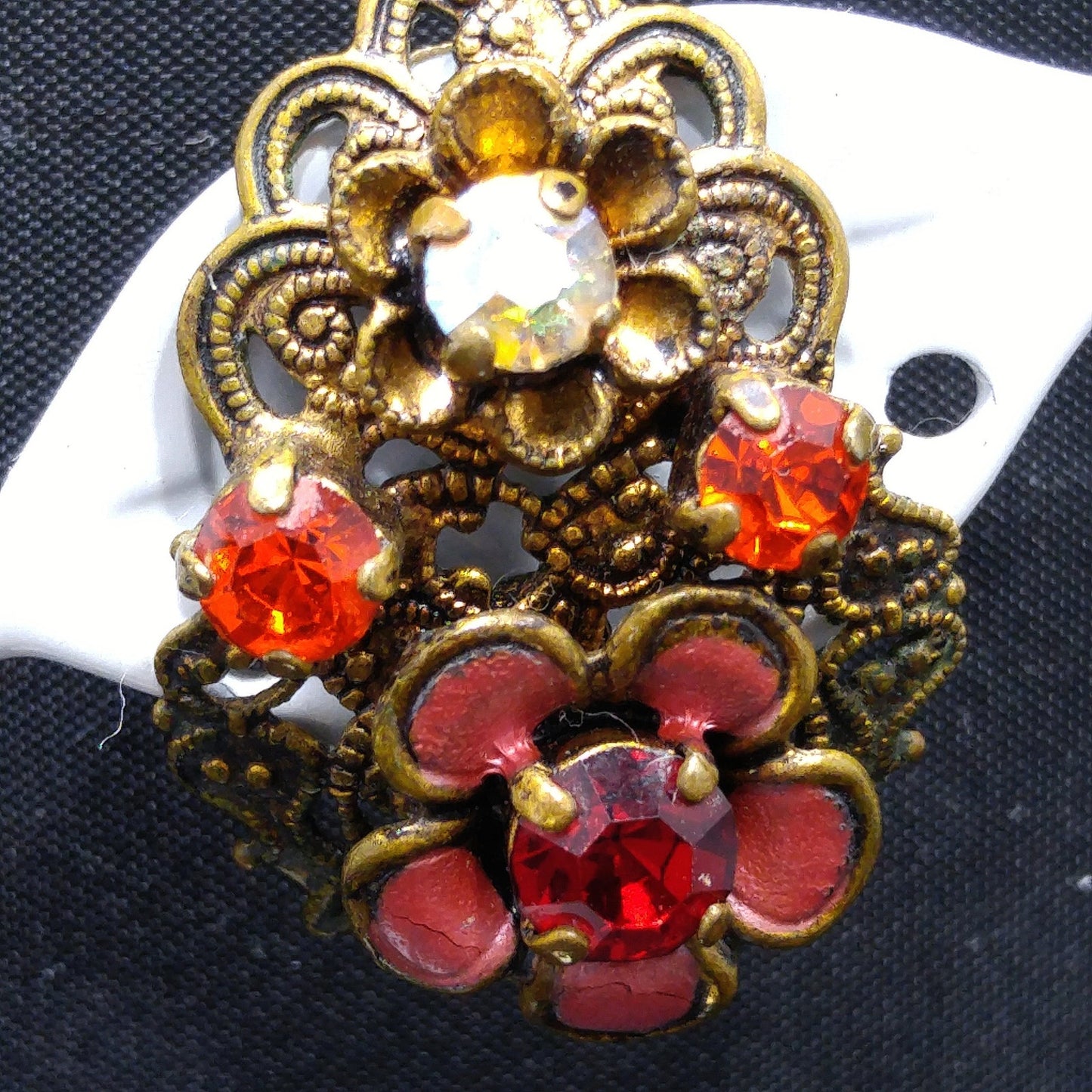 Germany Red Orange Filigree Clip Earrings, Enamel Flowers, 1940s Vintage Jewelry