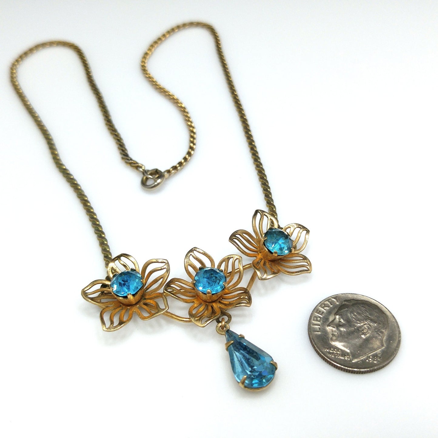 Van Dell Turquoise Rhinestone Necklace, 12K Gold Filled, 1940s Vintage Jewelry