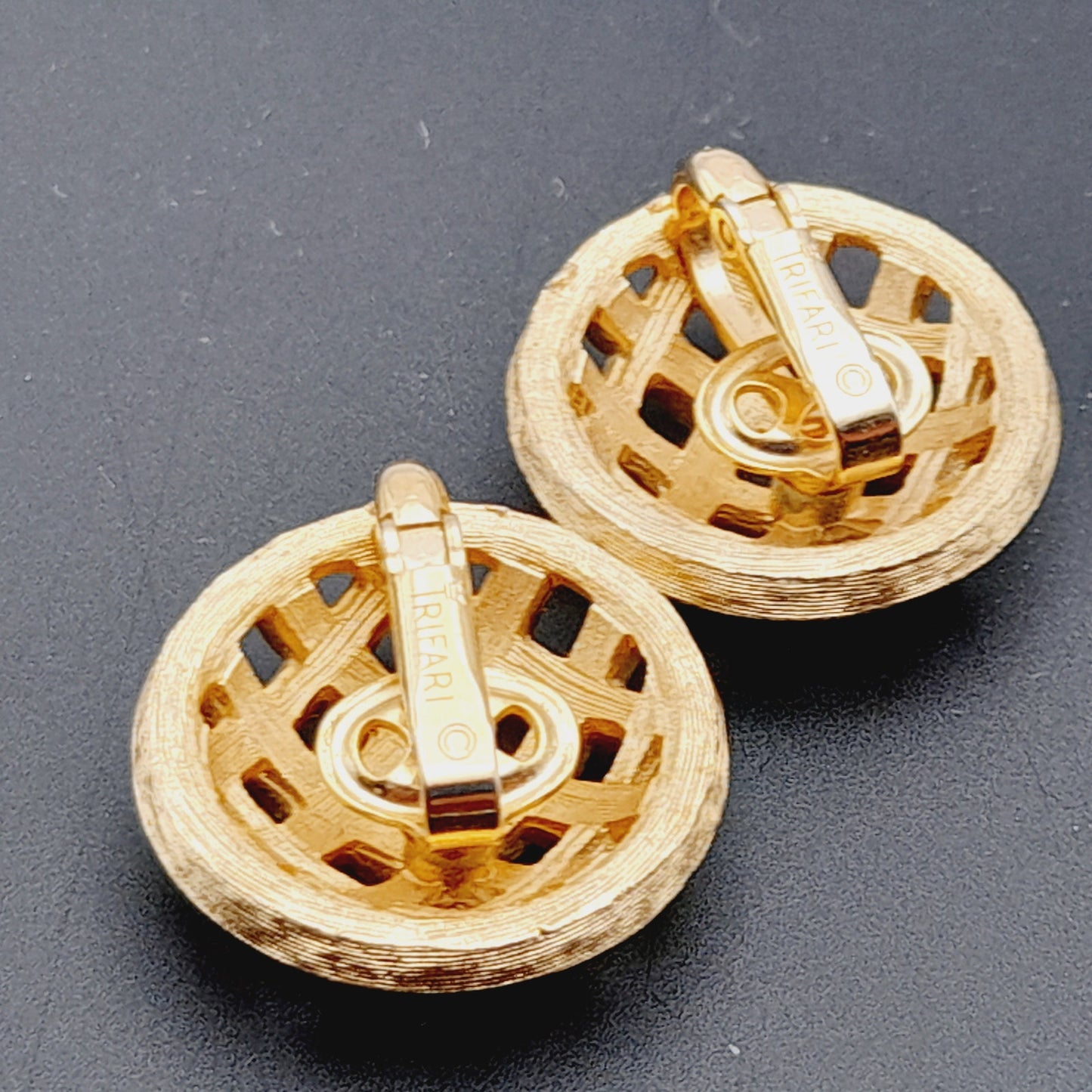 Vintage Crown Trifari Basketweave Clip Earrings – Gold Plated Designer Jewelry