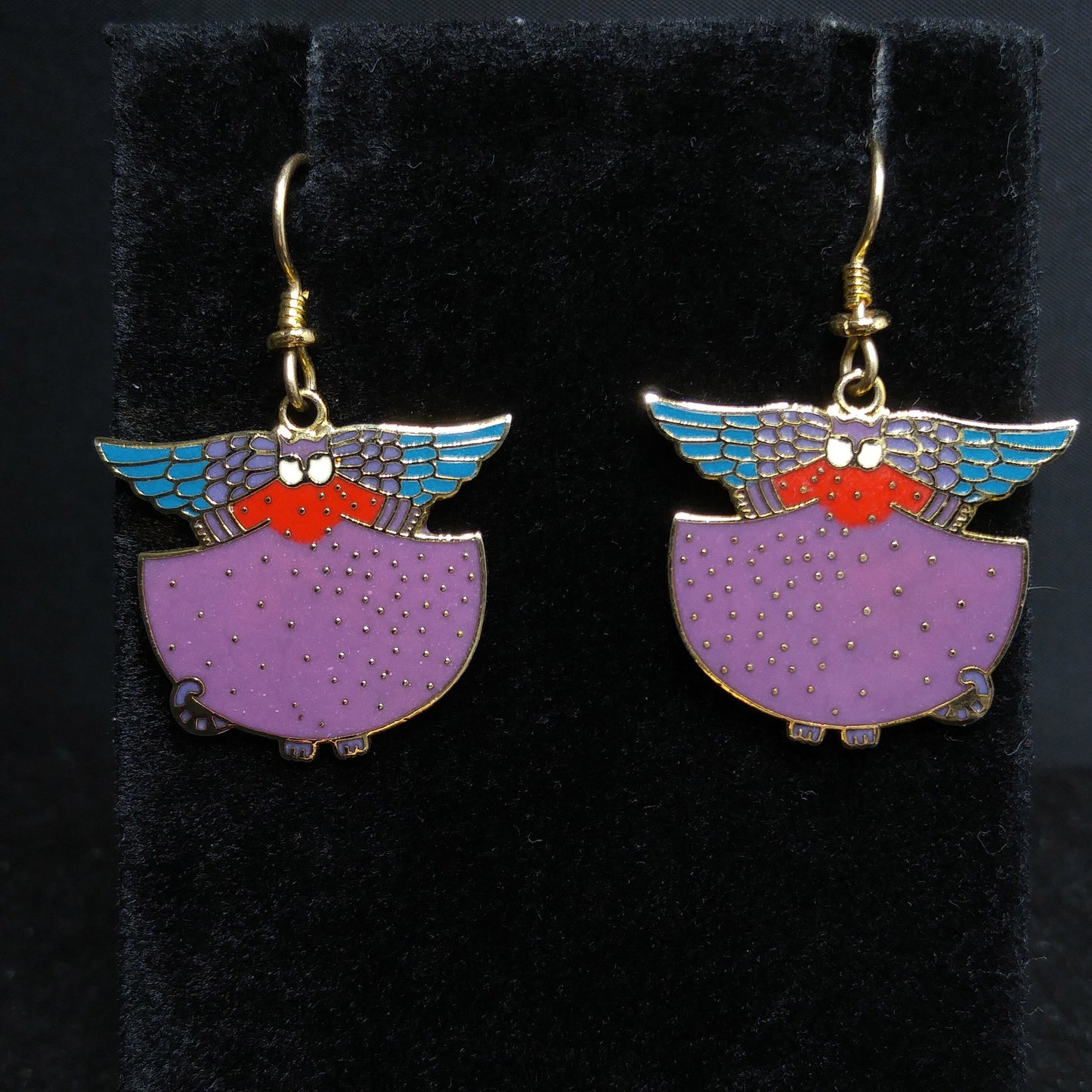 Laurel Burch "Angelicat" Earrings, Gold Plated Cloisonne & Enamel, 1980s
