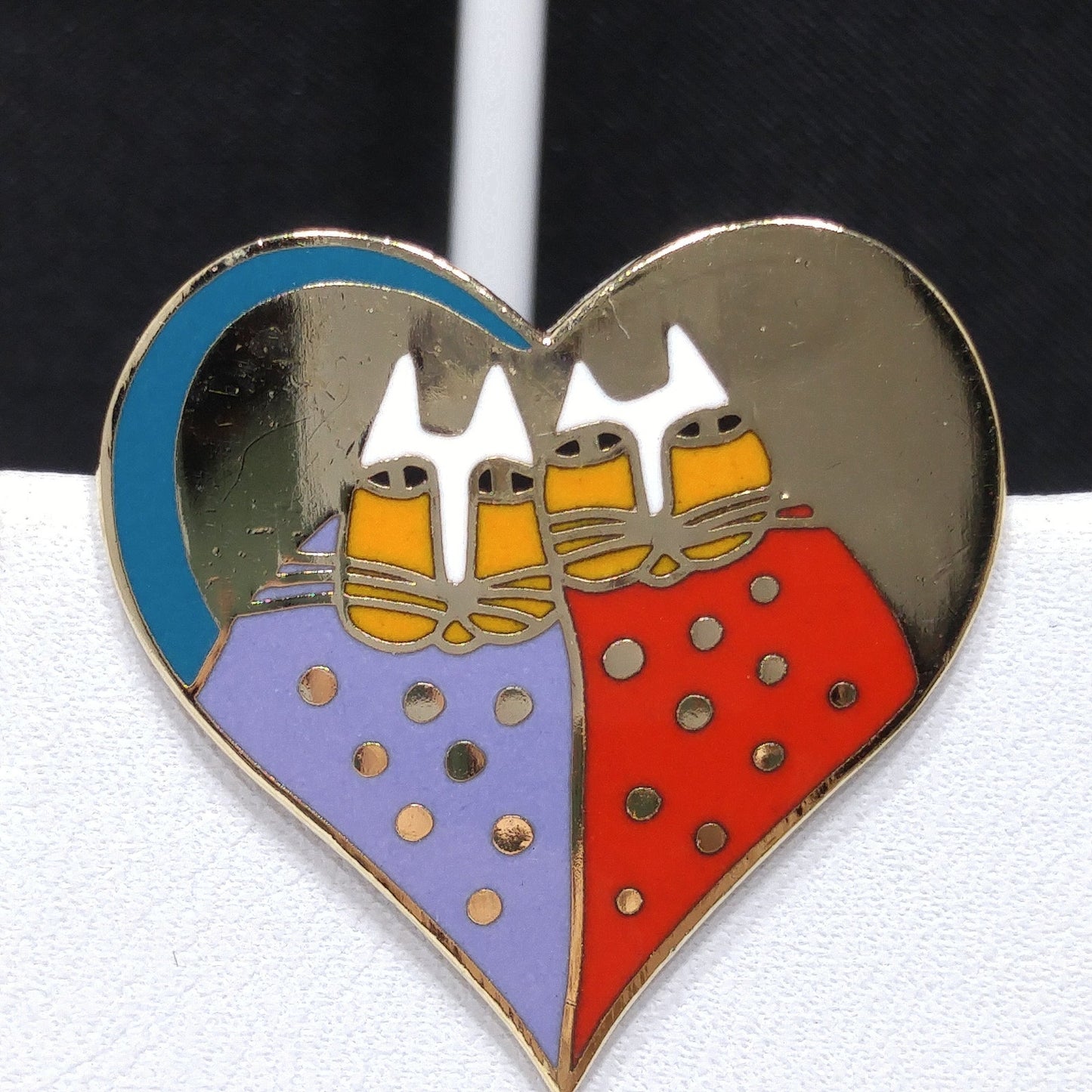 Laurel Burch "Valentine Cats" Brooch & Earrings, Gold Plated, Cloisonné Enamel, 1980s Vintage Jewelry