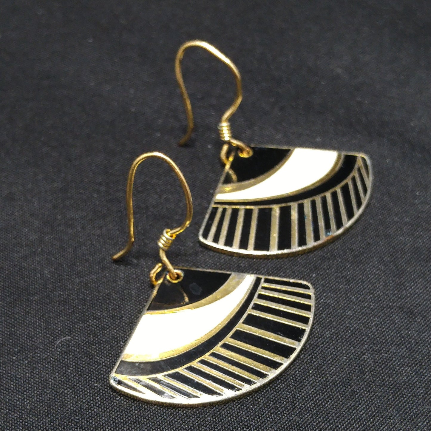 Vintage Laurel Burch Black White Gold Fan Drop Earrings, Gold Plated Enamel