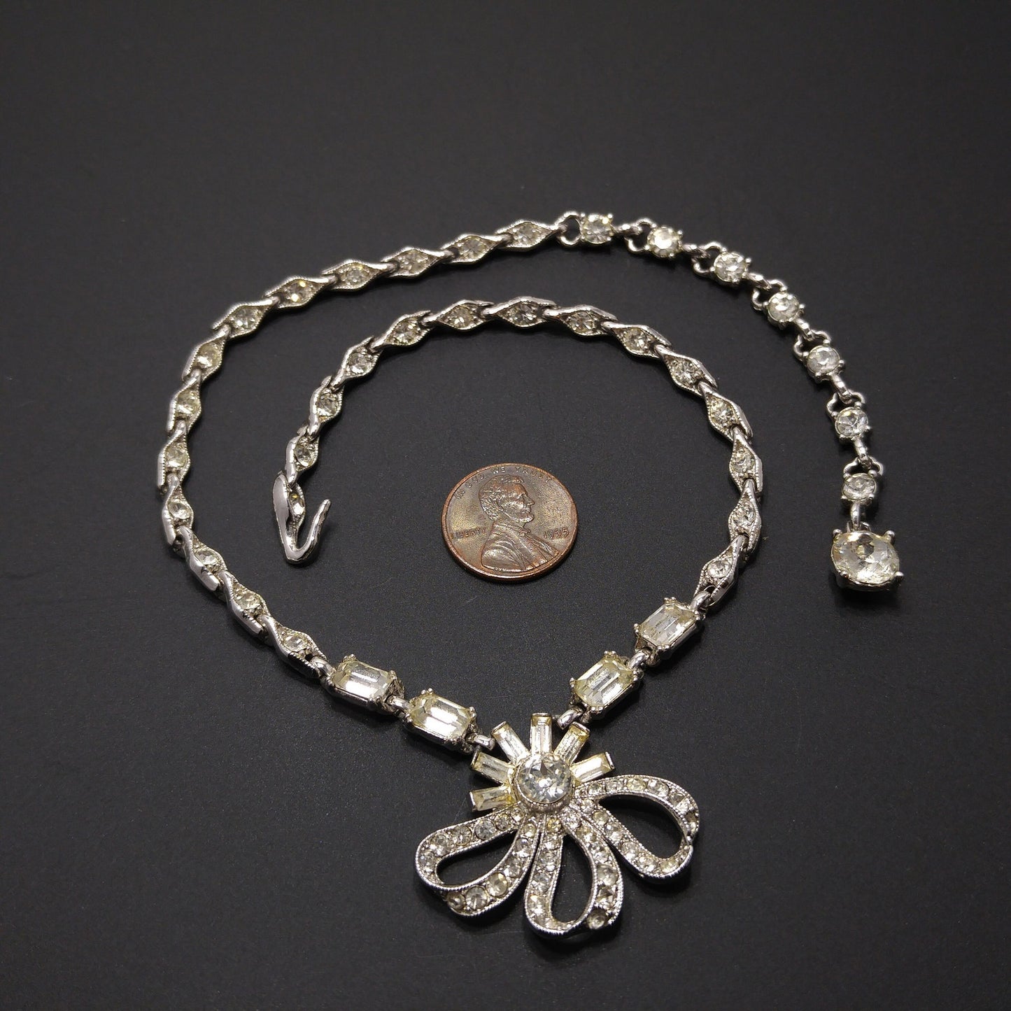 Bogoff Clear Rhinestone Pendant Choker Necklace, Rhodium Plated, 1950s Vintage