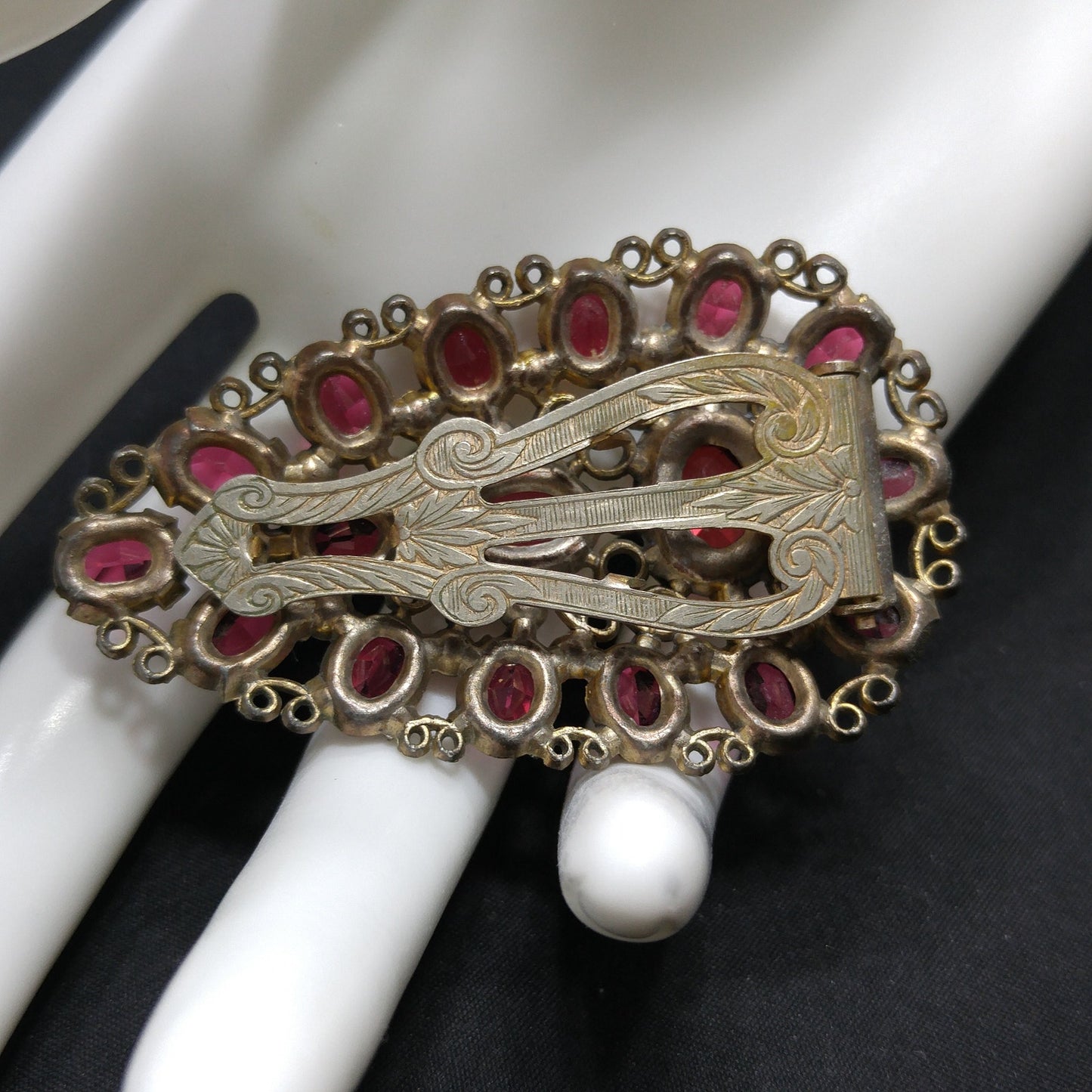 Antique Red Rhinestone Filigree Dress Clip, 1920s Vintage Jewelry