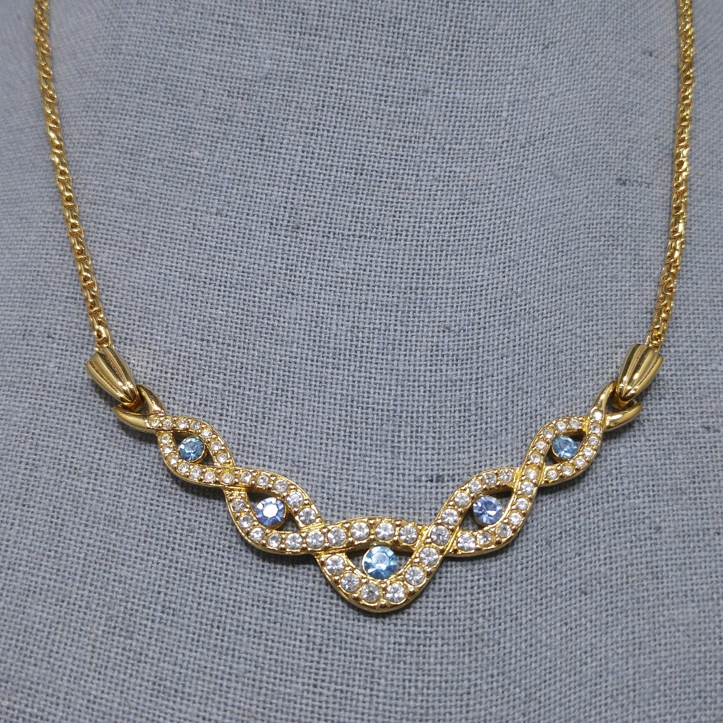 Vintage Swarovski Choker Necklace – Light Blue & Clear Crystals, Gold Plated, 1990s