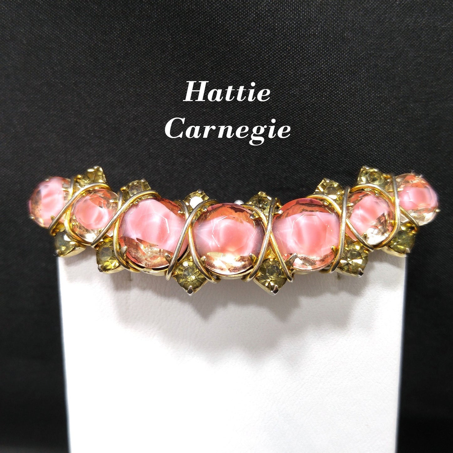 Hattie Carnegie Pink Art Glass Brooch, Gold Plated, Wire Wrapped, 1960s Vintage Jewelry