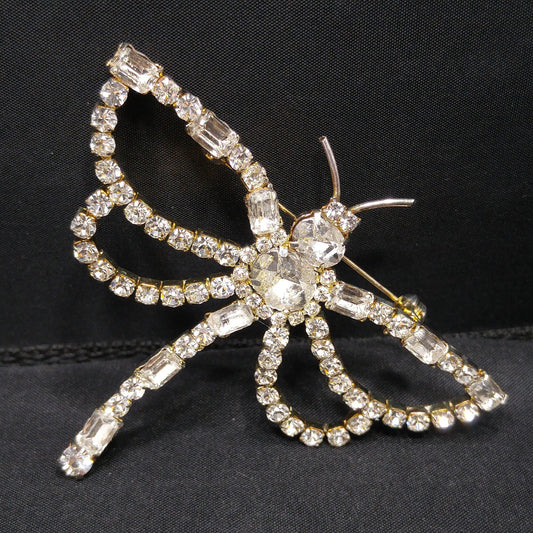 Clear Rhinestone Dragonfly Brooch, Mid-Century, Foil Back Stones, 1950s Vintage Jewelry