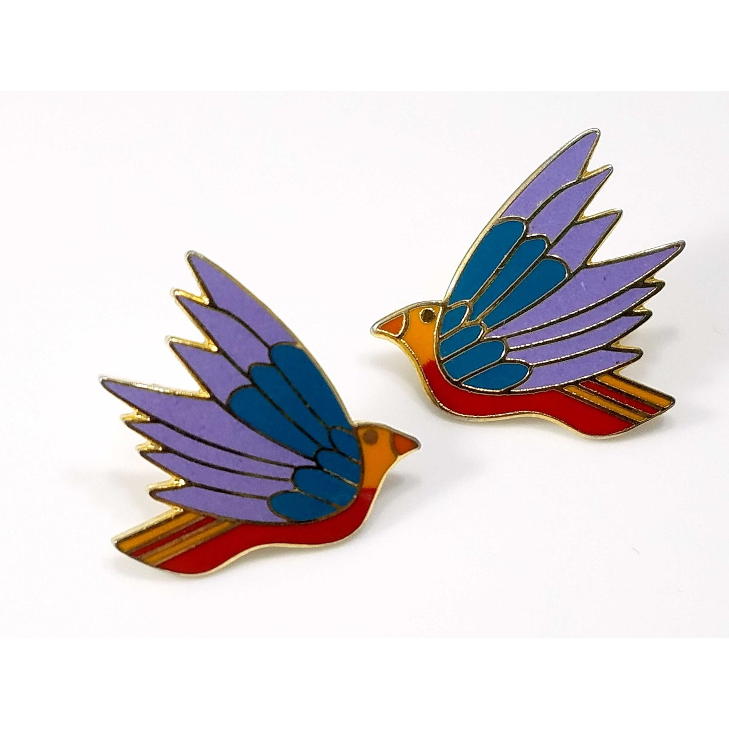 Laurel Burch "Celeste" Bird Earrings, Gold Plated Cloisonne Enamel, 1980s