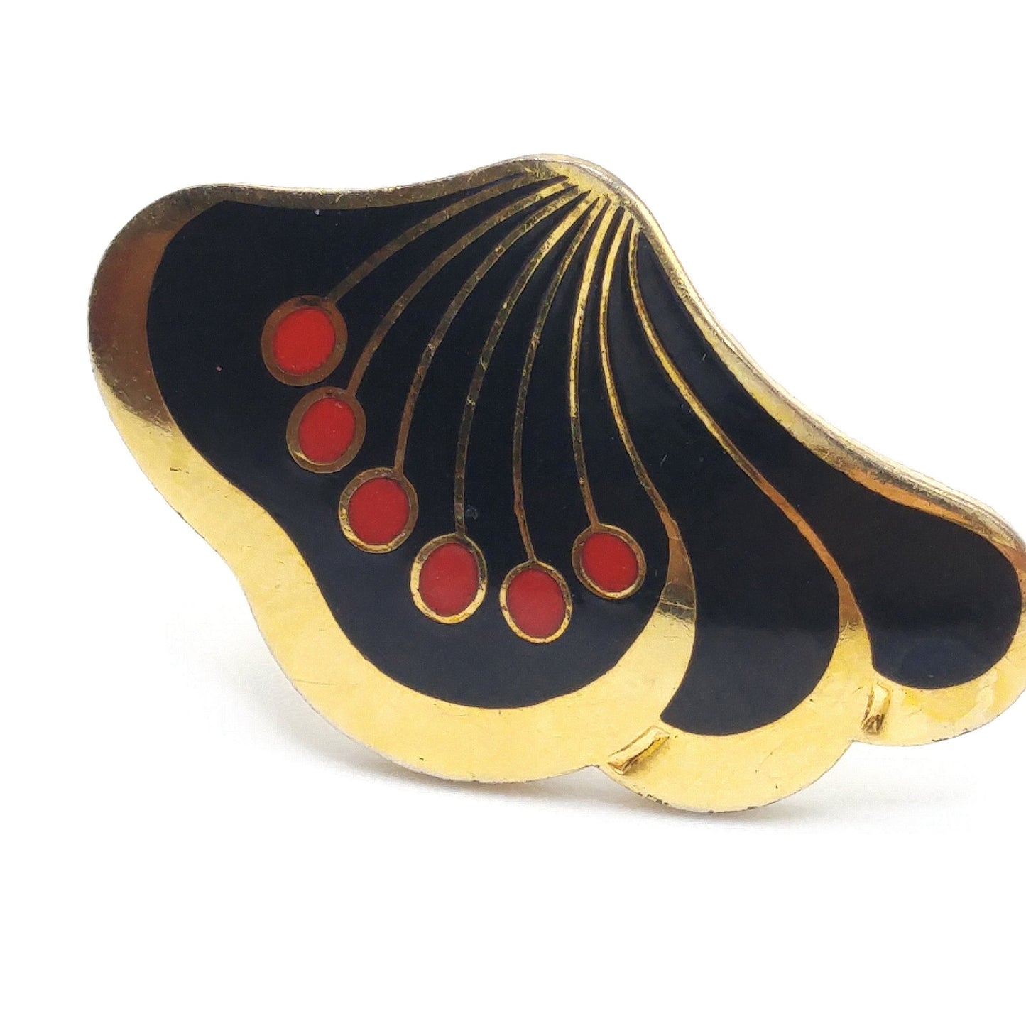 Laurel Burch "Le Fleur" Clip Earrings, Black Red Enamel, Gold Plated, 1980s