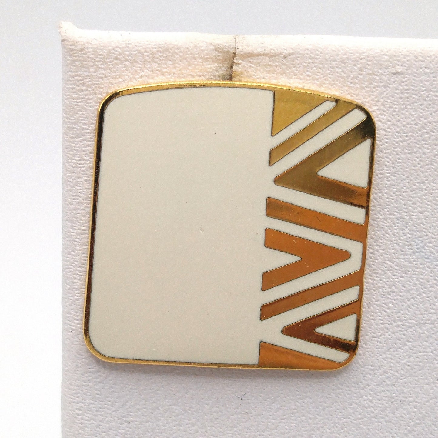 Vintage Laurel Burch "Naito" Geometric Post Earrings, Cream Enamel, Gold Plate