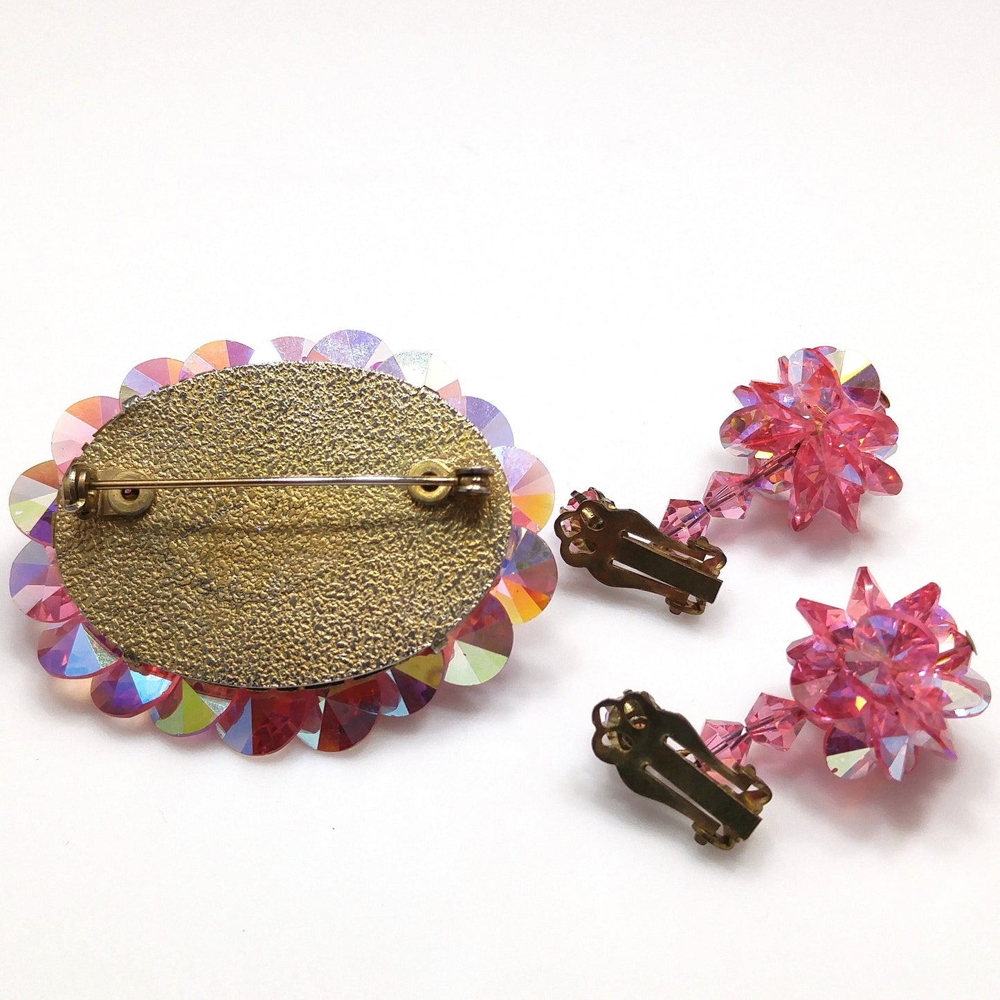 Pink Flat Crystal Brooch & Earrings, Aurora Borealis, 1960s Vintage Jewelry