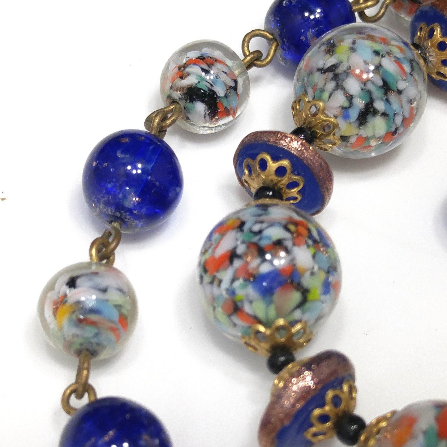 Murano Speckled Glass Beaded Necklace, Cobalt Blue Aventurine Glitter Glass, 1950s Vintage Jewelry