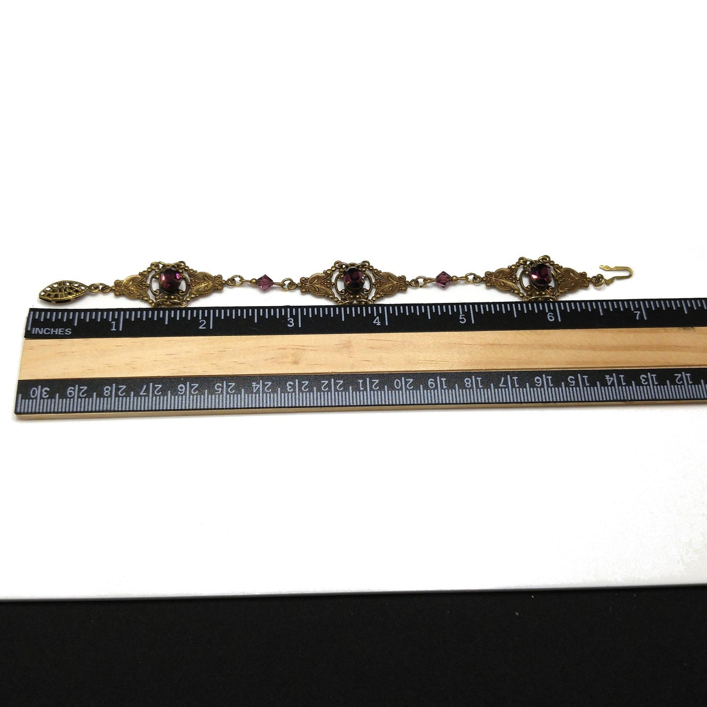 Sadie Green Art Nouveau Purple Bracelet, Golden Brass & Faux Amethyst, 6 3/4" Length, 1980s Vintage Jewelry