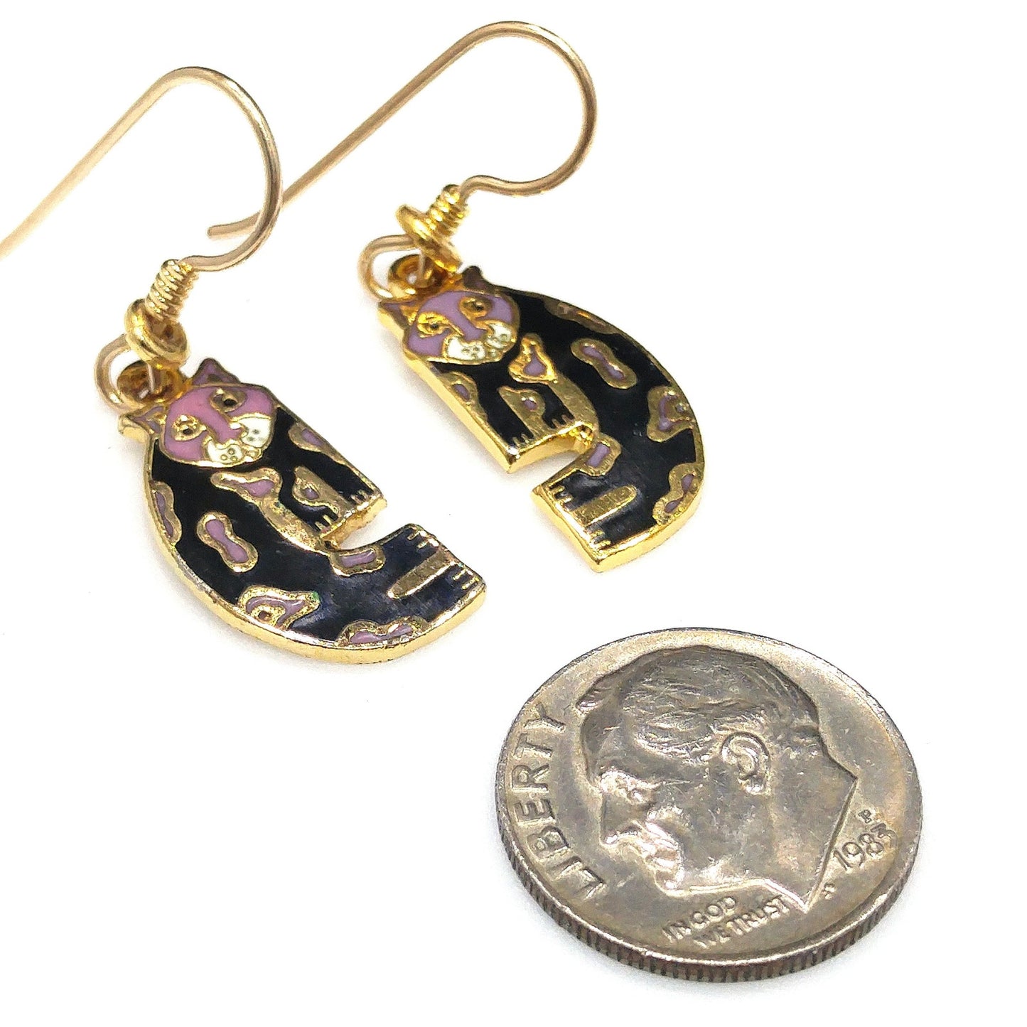 Laurel Burch Baby Snow Leopard Earrings, Cloisonne Black Enamel, Gold Plated, 1980s Vintage Jewelry