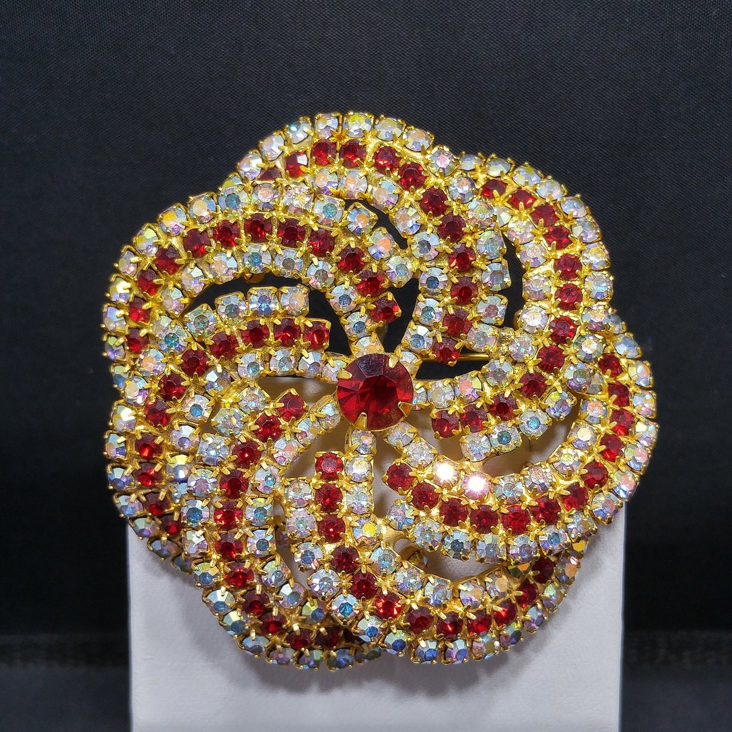 Vintage Pinwheel Rhinestones Brooch, AB Clear Red Rhinestones, Gold Plated, 1960s