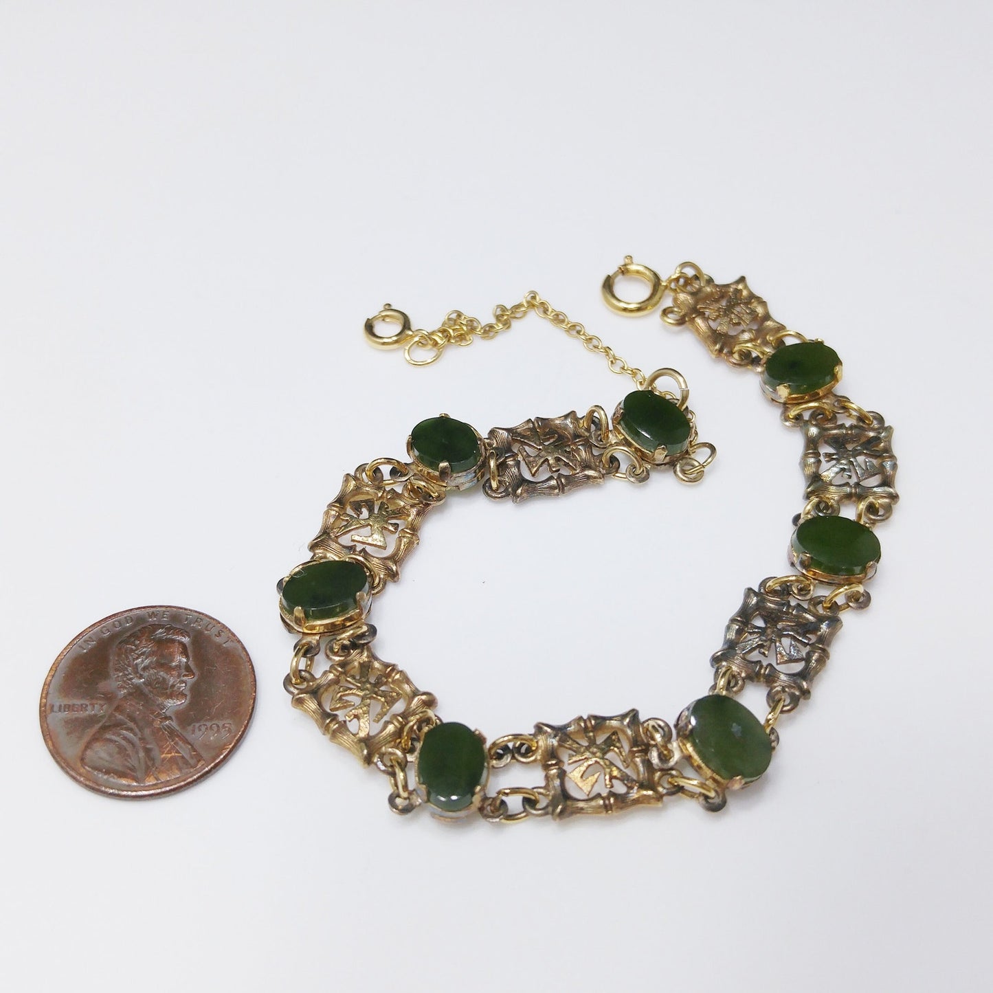 Wells Sterling Chrysoprase Gemstone Bracelet, Mid Century Vintage Asian Bracelet