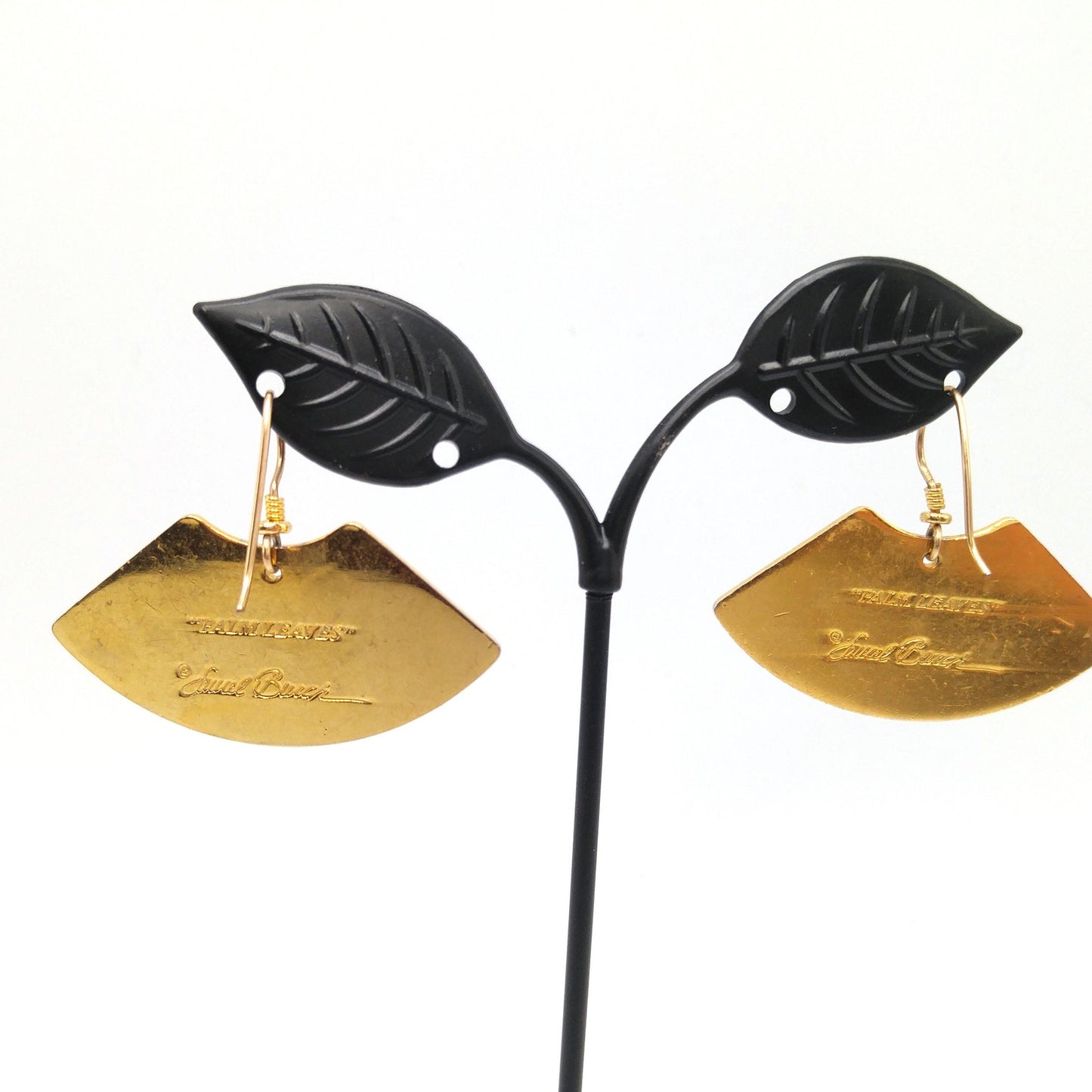 Laurel Burch "Palm Leaves" Earrings, Red Black Enamel, Gold Plated, 1980s Vintage Jewelry